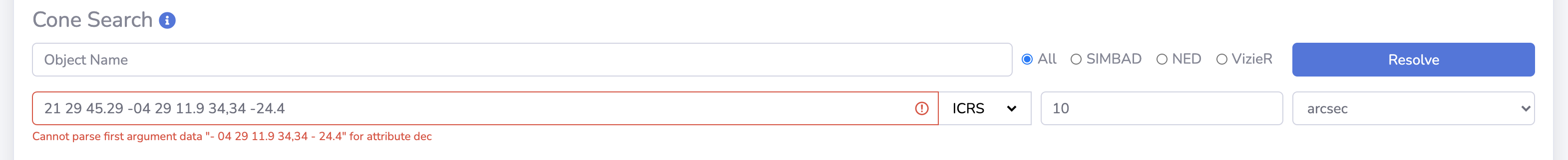 Cone search: rejected coordinate input.
