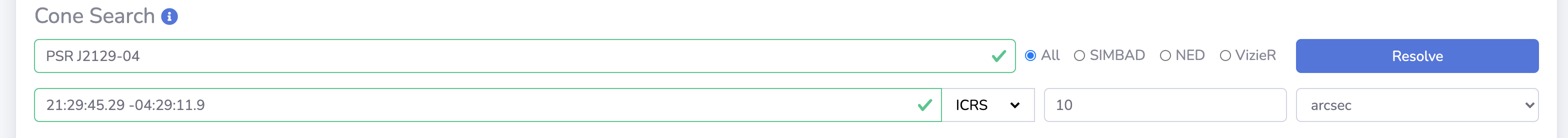 Cone search: successful name resolver.