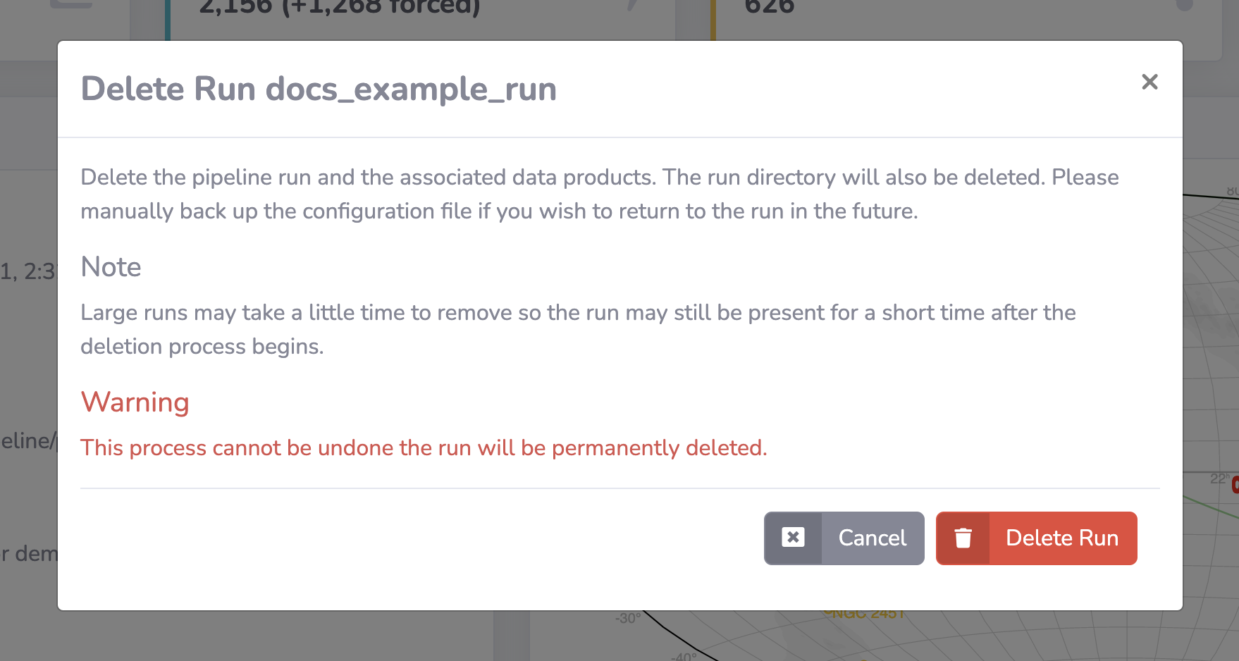 Delete Run confirmation modal.