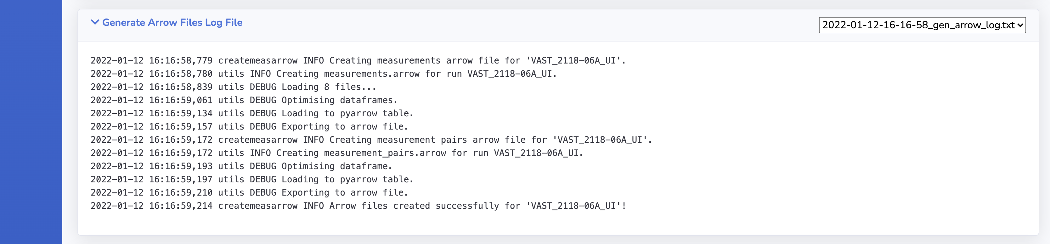 Generate arrow files log file.