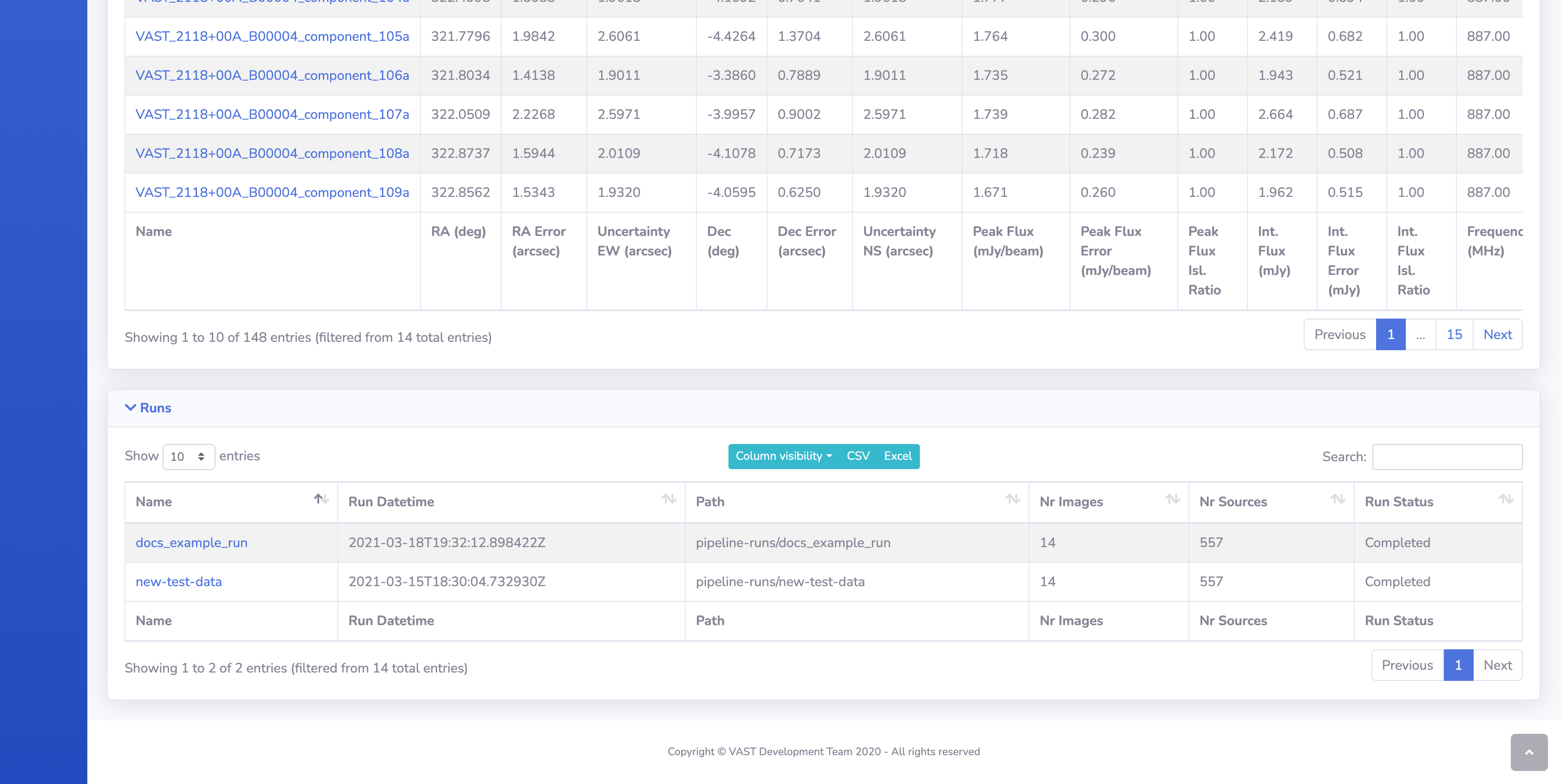 Image detail page: runs table.