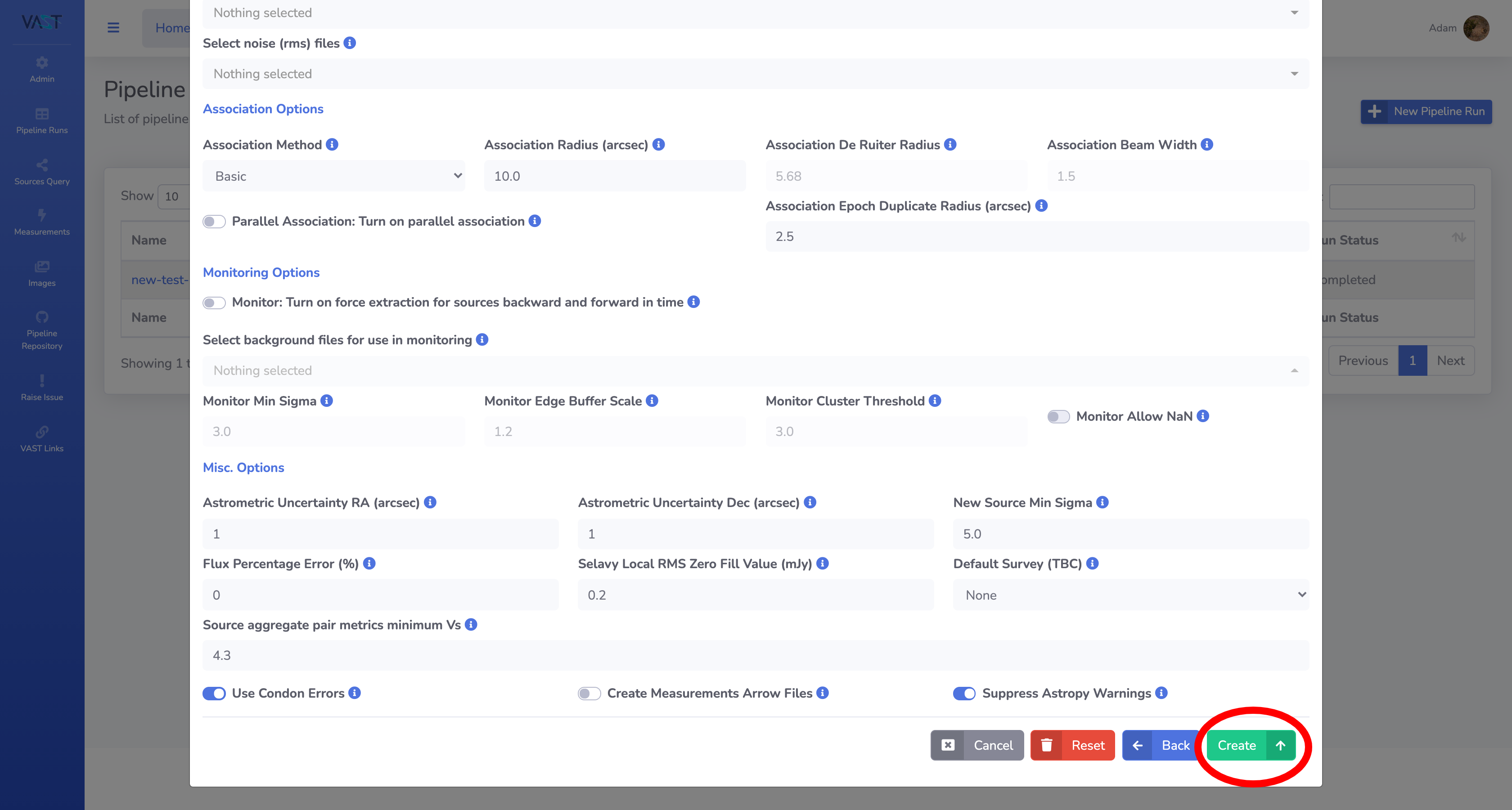 Pipeline run creation modal form (part 2).