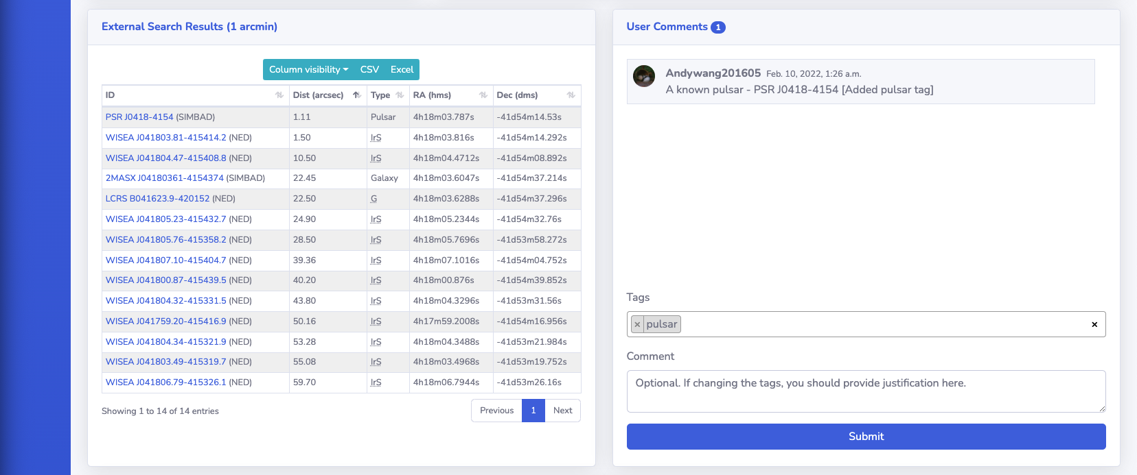 Source detail page: external search results, user assigned tags and comments.